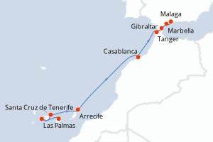 Carte itinéraire croisière Canaries, Maroc et péninsule ibérique - 10 jours au départ de Las Palmas - Méditerranée