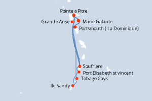 Carte itinéraire croisière Les îles du Vent à fleur d eau - 7 jours au départ de Pointe a Pitre - Caraïbes Bahamas
