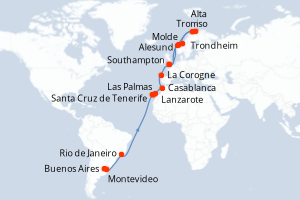 Carte itinéraire croisière Gran Aventura de la Aurora Boreal - 36 jours au départ de Buenos Aires - Transatlantique