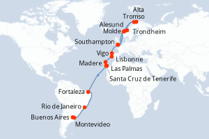 Carte itinéraire croisière Gran Aventura de la Aurora Boreal - 36 jours au départ de Southampton - Transatlantique