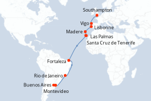 Carte itinéraire croisière Pasaje Sudamericano - 22 jours au départ de Southampton - Transatlantique