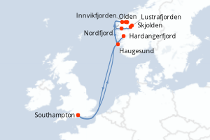 Carte itinéraire croisière Royaume-Uni, Norvège - 7 jours au départ de Southampton - Europe du Nord