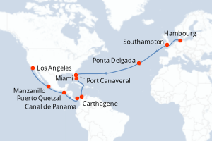 Carte itinéraire croisière Allemagne, Royaume-Uni, Portugal, Colombie, Panama, Guatemala, Mexique, États-Unis - 29 jours au départ de Hambourg - Transatlantique
