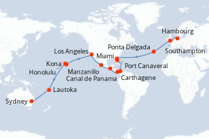 Carte itinéraire croisière Allemagne, Royaume-Uni, Portugal, Colombie, Panama, Guatemala, Mexique, États-Unis, France, Fidji (Îles), Australie - 48 jours au départ de Hambourg - Australie Nouvelle Zélande