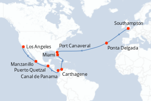 Carte itinéraire croisière Royaume-Uni, Portugal, Colombie, Panama, Guatemala, Mexique, États-Unis - 27 jours au départ de Southampton - Transatlantique
