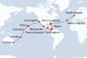 Carte itinéraire croisière Royaume-Uni, Portugal, Colombie, Panama, Guatemala, Mexique, États-Unis, France, Fidji (Îles), Australie - 46 jours au départ de Southampton - Australie Nouvelle Zélande