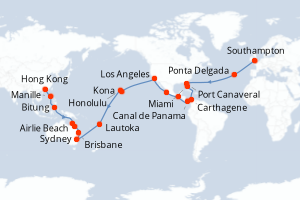 Carte itinéraire croisière Royaume-Uni, Portugal, Colombie, Panama, Guatemala, Mexique, États-Unis, France, Fidji (Îles), Australie, Indonésie, Philippines, Chine - 63 jours au départ de Southampton - Asie