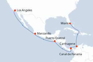 Carte itinéraire croisière Colombie, Panama, Guatemala, Mexique, États-Unis - 15 jours au départ de Miami - Amérique du Nord