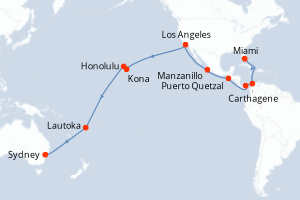 Carte itinéraire croisière Colombie, Panama, Guatemala, Mexique, États-Unis, France, Fidji (Îles), Australie - 34 jours au départ de Miami - Australie Nouvelle Zélande