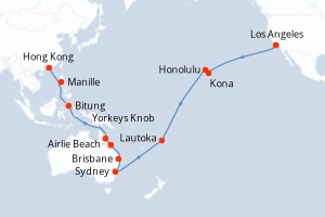 Carte itinéraire croisière États-Unis, France, Fidji (Îles), Australie, Indonésie, Philippines, Chine - 36 jours au départ de Los Angeles - Asie