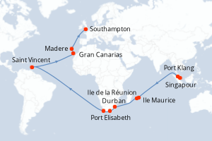 Carte itinéraire croisière Singapour, Malaisie, Maurice, France, Afrique du Sud, Saint Vincent-et-les-Grenadines, Espagne, Portugal, Royaume-Uni - 36 jours au départ de Singapour - Europe du Nord