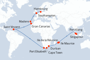 Carte itinéraire croisière Singapour, Malaisie, Maurice, France, Afrique du Sud, Saint Vincent-et-les-Grenadines, Espagne, Portugal, Royaume-Uni, Allemagne - 38 jours au départ de Singapour - Europe du Nord