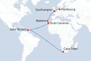 Carte itinéraire croisière Afrique du Sud, Saint Vincent-et-les-Grenadines, Espagne, Portugal, Royaume-Uni, Allemagne - 19 jours au départ de Cape Town - Europe du Nord