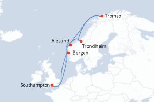 Carte itinéraire croisière Royaume-Uni, Norvège - 12 jours au départ de Southampton - Europe du Nord