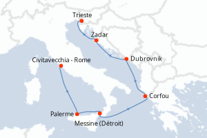 Carte itinéraire croisière Italie, Grèce, Croatie - 7 jours au départ de Civitavecchia - Rome - Méditerranée
