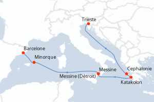 Carte itinéraire croisière Grèce, Italie, Espagne - 7 jours au départ de Trieste - Méditerranée