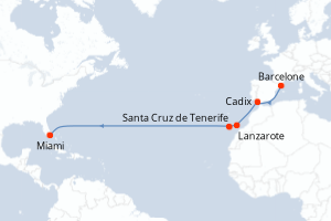 Carte itinéraire croisière Espagne, États-Unis - 13 jours au départ de Barcelone - Transatlantique