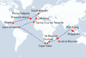 Carte itinéraire croisière États-Unis, Royaume-Uni, Portugal, Espagne, Saint Vincent-et-les-Grenadines, Afrique du Sud, France, Maurice, Malaisie, Singapour - 50 jours au départ de Miami - Asie