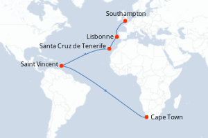 Carte itinéraire croisière Royaume-Uni, Portugal, Espagne, Saint Vincent-et-les-Grenadines, Afrique du Sud - 18 jours au départ de Southampton - Afrique du Sud