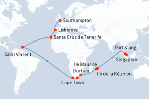 Carte itinéraire croisière Royaume-Uni, Portugal, Espagne, Saint Vincent-et-les-Grenadines, Afrique du Sud, France, Maurice, Malaisie, Singapour - 38 jours au départ de Southampton - Asie