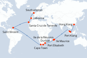 Carte itinéraire croisière Royaume-Uni, Portugal, Espagne, Saint Vincent-et-les-Grenadines, Afrique du Sud, France, Maurice, Malaisie, Singapour, Chine - 43 jours au départ de Southampton - Asie