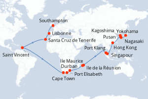 Carte itinéraire croisière Royaume-Uni, Portugal, Espagne, Saint Vincent-et-les-Grenadines, Afrique du Sud, France, Maurice, Malaisie, Singapour, Chine, Japon - 51 jours au départ de Southampton - Asie