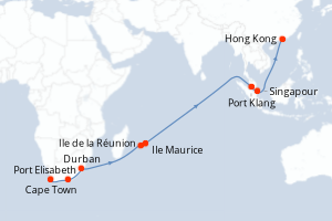 Carte itinéraire croisière Afrique du Sud, France, Maurice, Malaisie, Singapour, Chine - 25 jours au départ de Cape Town - Asie