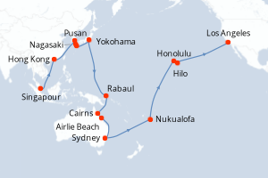 Carte itinéraire croisière Singapour, Chine, Japon, Papouasie-Nouvelle-Guinée, Australie, Tonga, France, États-Unis - 49 jours au départ de Singapour - Amérique du Nord