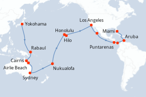 Carte itinéraire croisière Japon, Papouasie-Nouvelle-Guinée, Australie, Tonga, France, États-Unis, Mexique, Costa Rica, Panama, Pays-Bas - 50 jours au départ de Yokohama - Caraïbes Bahamas