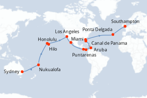 Carte itinéraire croisière Australie, Tonga, France, États-Unis, Mexique, Costa Rica, Panama, Pays-Bas, Portugal, Royaume-Uni - 46 jours au départ de Sydney - Europe du Nord