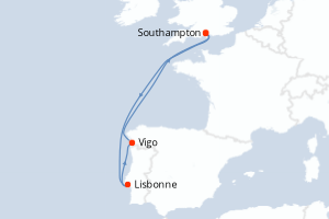 Carte itinéraire croisière Royaume-Uni, Portugal, Espagne - 7 jours au départ de Southampton - Europe du Nord