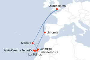 Carte itinéraire croisière Royaume-Uni, Espagne, Portugal - 14 jours au départ de Southampton - Europe du Nord