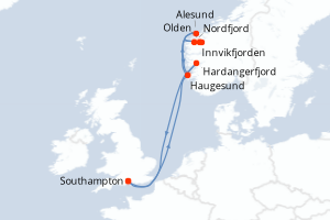 Carte itinéraire croisière Royaume-Uni, Norvège - 7 jours au départ de Southampton - Europe du Nord