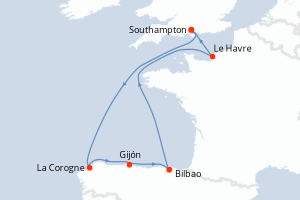Carte itinéraire croisière Royaume-Uni, Espagne, France - 7 jours au départ de Southampton - Europe du Nord