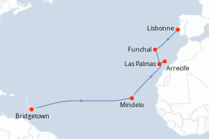 Carte itinéraire croisière Barbade, Cap-Vert, Espagne, Portugal - 14 jours au départ de Bridgetown - Transatlantique