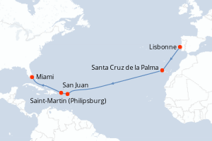 Carte itinéraire croisière Portugal, Espagne, Pays-Bas, Porto Rico, États-Unis - 15 jours au départ de Lisbonne - Caraïbes Bahamas