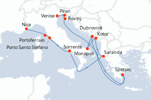 Carte itinéraire croisière France, Italie, Albanie, Monténégro, Croatie, Grèce, Slovénie - 12 jours au départ de Nice - Méditerranée