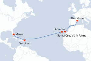 Carte itinéraire croisière Espagne, Porto Rico, États-Unis - 14 jours au départ de Barcelone - Transatlantique