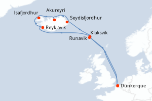 Carte itinéraire croisière Islande, terre de feu et de geysers - 13 jours au départ de Dunkerque - Europe du Nord