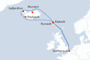 Carte itinéraire croisière Trésors d?Islande et des îles Féroé - 12 jours au départ de Dunkerque - Europe du Nord