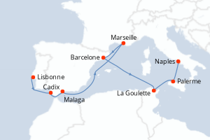 Carte itinéraire croisière Portugal, Espagne, France, Tunisie, Italie - 10 jours au départ de Lisbonne - Méditerranée