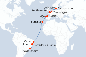Carte itinéraire croisière Brésil, Portugal, Espagne, Royaume-Uni, France, Belgique, Danemark - 20 jours au départ de Rio de Janeiro - Transatlantique