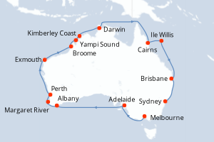 Carte itinéraire croisière Vuelta a Australia - 24 jours au départ de Melbourne - Australie Nouvelle Zélande