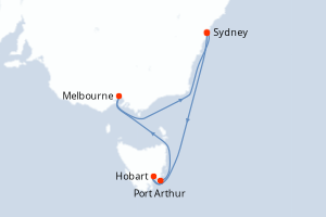 Carte itinéraire croisière Tasmania - 7 jours au départ de Sydney - Australie Nouvelle Zélande