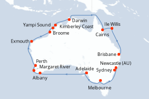 Carte itinéraire croisière Recorriendo Australia - 26 jours au départ de Sydney - Australie Nouvelle Zélande