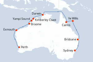 Carte itinéraire croisière Explorador del Norte - 17 jours au départ de Perth - Australie Nouvelle Zélande