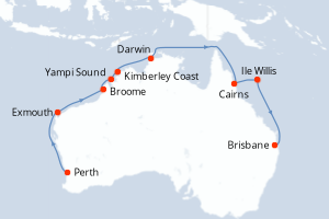 Carte itinéraire croisière Explorador del Norte - 15 jours au départ de Perth - Australie Nouvelle Zélande