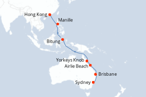 Carte itinéraire croisière Australie, Indonésie, Philippines, Chine - 17 jours au départ de Sydney - Asie