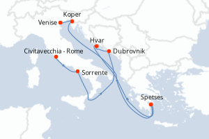 Carte itinéraire croisière Italie, Croatie, Grèce, Slovénie - 7 jours au départ de Civitavecchia - Rome - Méditerranée