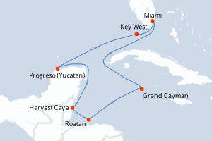 Carte itinéraire croisière États-Unis, Mexique, Belize, Honduras, Caïmans (Îles) - 10 jours au départ de Miami - Caraïbes Bahamas